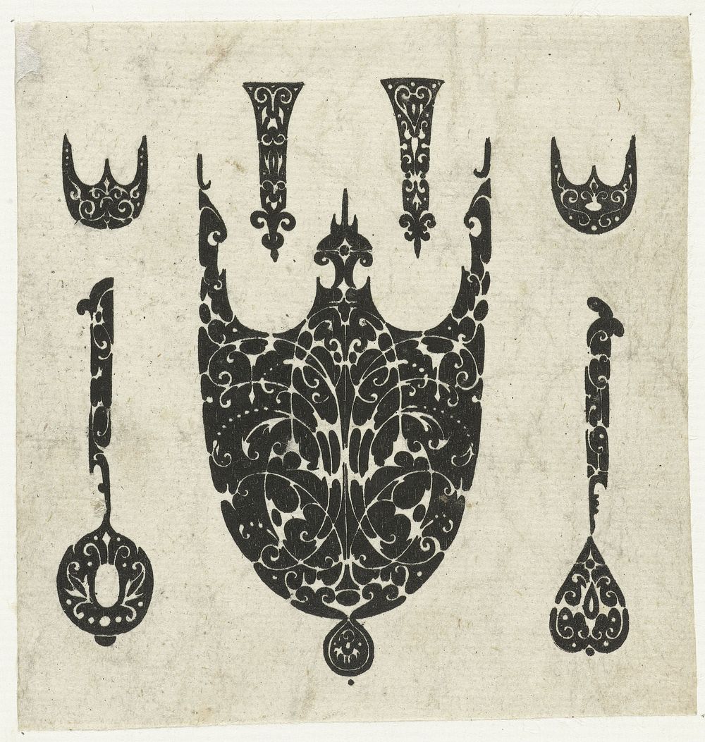 Punt van zwaardschede omringd door acht ornamenten voor ringen (c. 1600 - c. 1699) by Guillaume de la Quewellerie, Joannes…