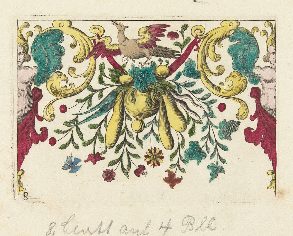 Guirlande met drie langwerpige vruchten en een perzik (1596 - 1633) by anonymous, Hieronymus Bang and Johann Christoph Weigel