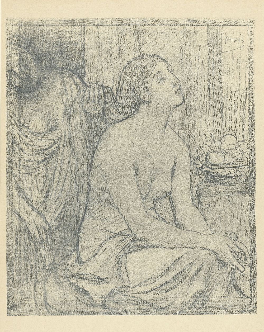 Vrouw kamt haar van halfnaakte zittende vrouw (1895) by Pierre Cécile Puvis de Chavannes, L Epreuve and P Lemaire