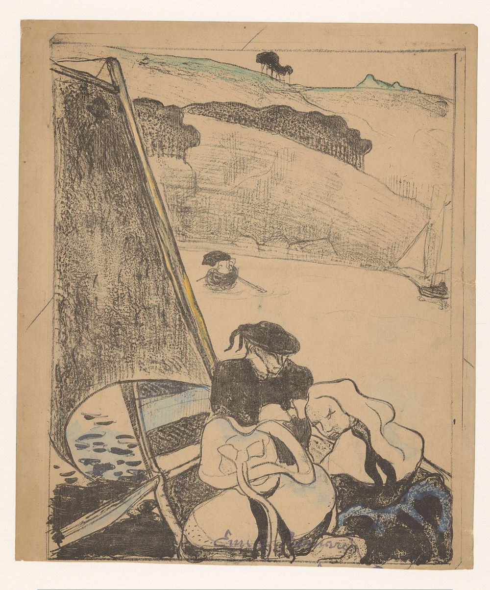 Twee Bretonse vrouwen en een man op een boot (1889) by Émile Bernard