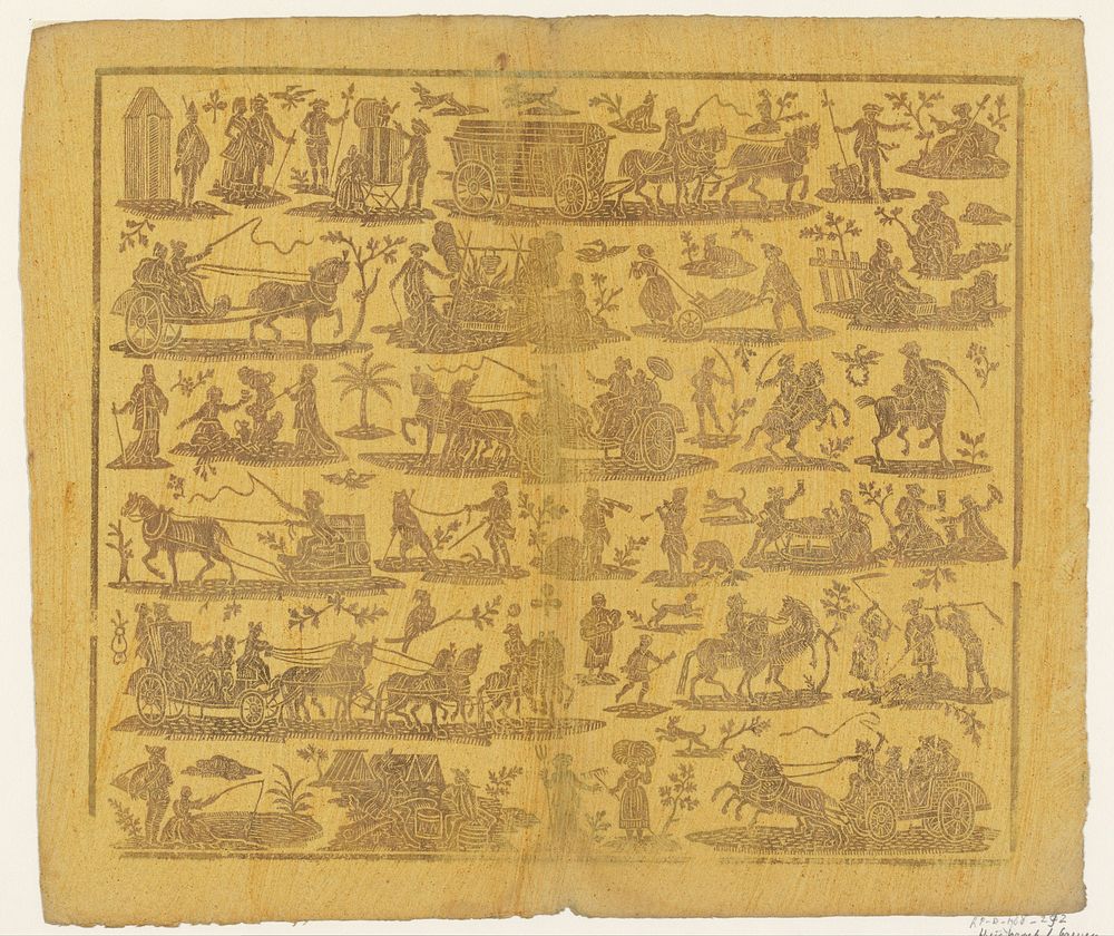 Blad met zes rijen met diverse scènes uit het volksleven (1750 - 1800) by anonymous