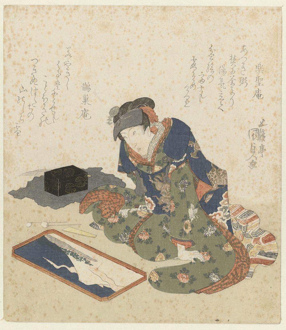 Vrouw maakt een zandschilderij (1820) by Utagawa Kunisada I, Rakuseian and Jakusôan