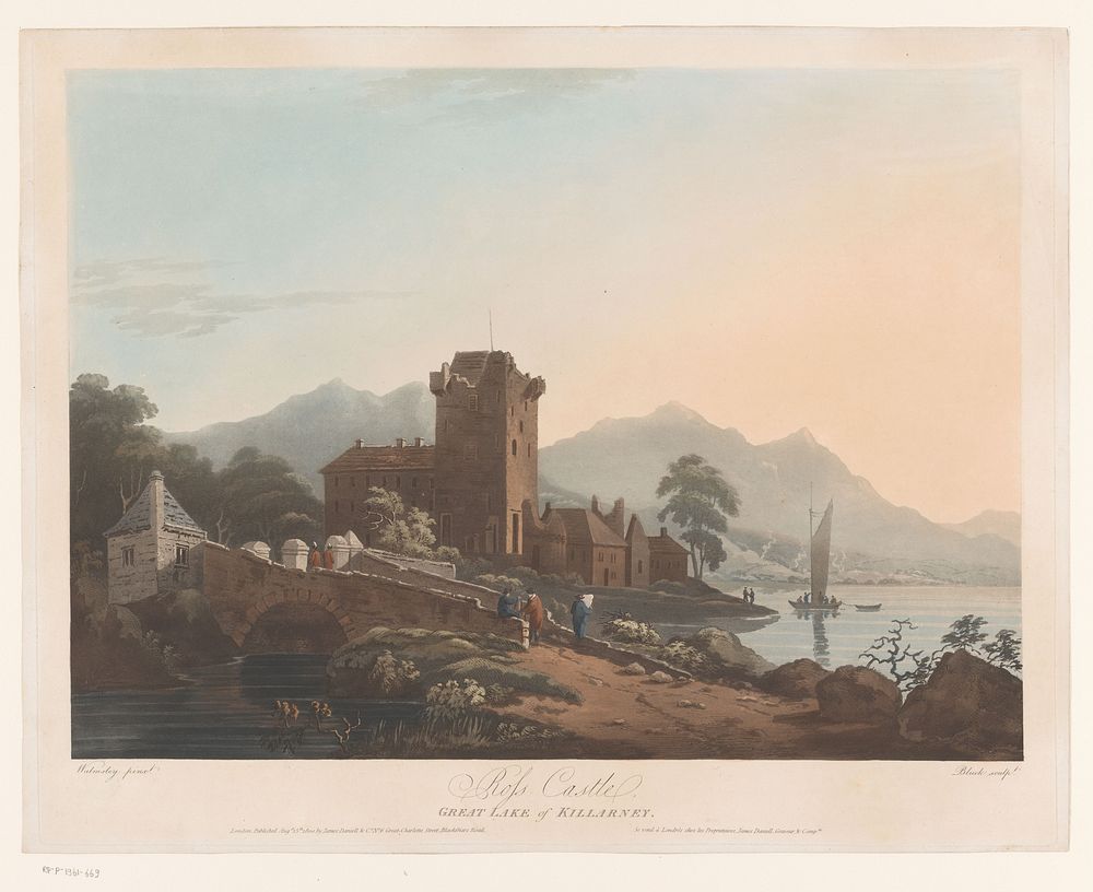 Gezicht op Ross Castle aan het meer Lough Leane (1800) by John Bluck, Thomas Walmsley and James Daniell