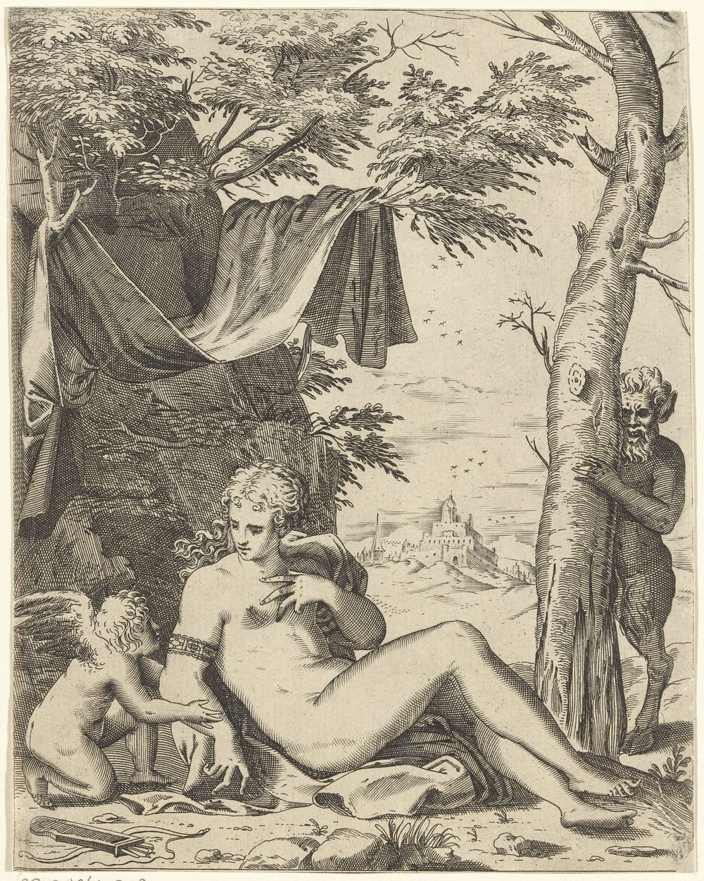 Venus, Amor en sater (1567 - 1602) by Agostino Carracci and anonymous