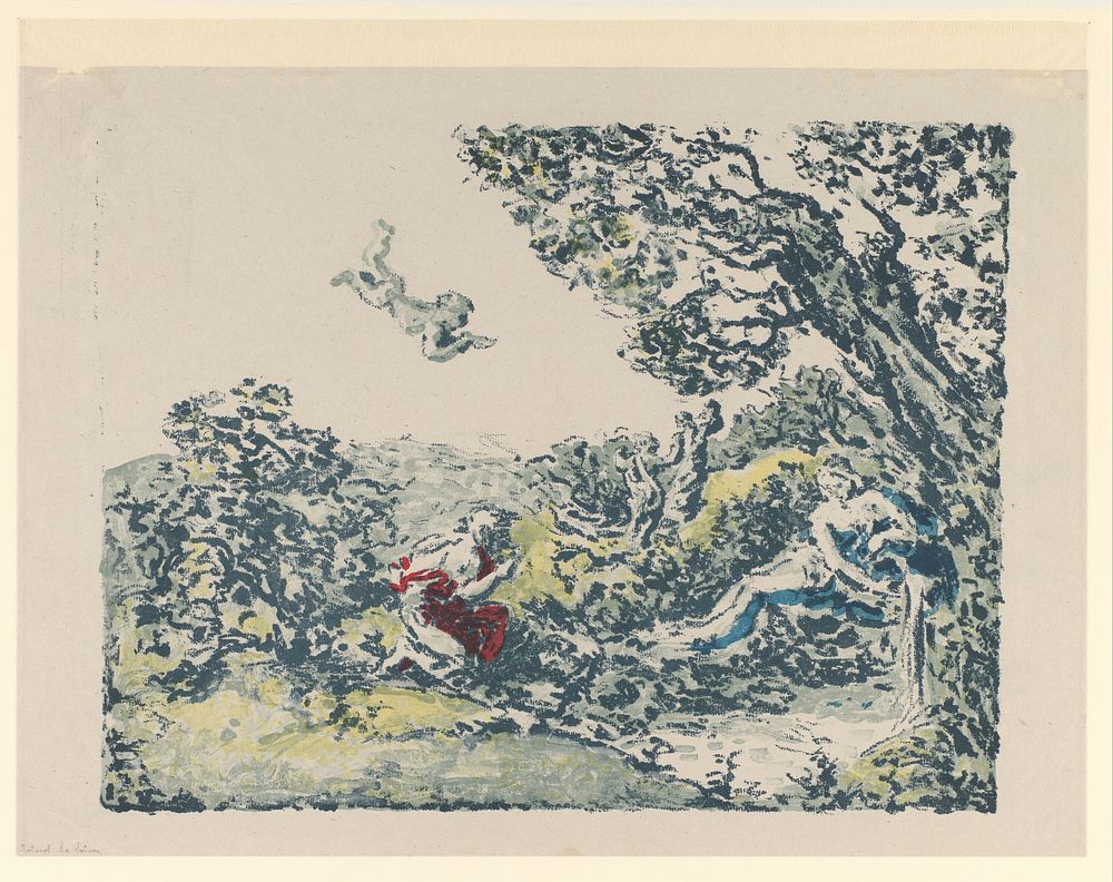 Man en vrouw aan waterkant, een kind zweeft in de lucht (c. 1900) by Ker Xavier Roussel and Auguste Clot