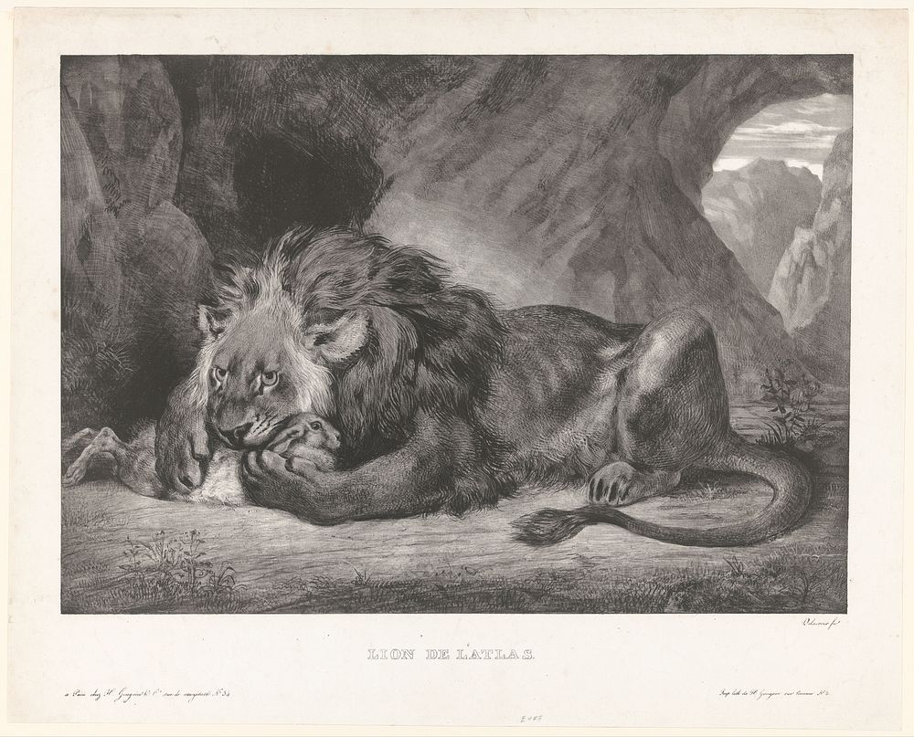 Leeuw verschalkt konijn in een grot (1829) by Eugène Delacroix, Armand Pierre Henri Gaugain and Armand Pierre Henri Gaugain