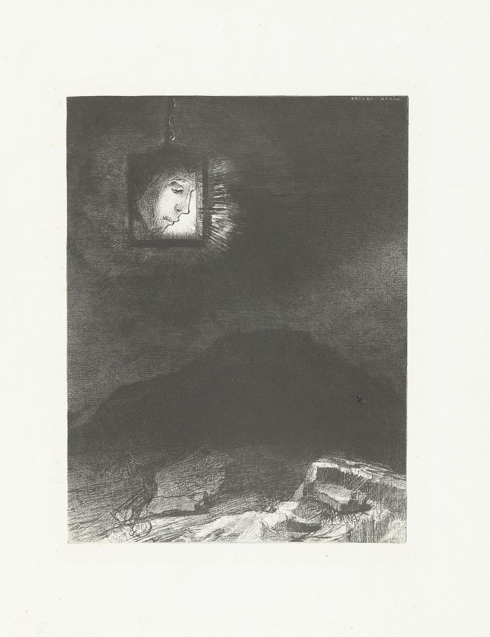 Een hoofd in een lantaarn (1891) by Odilon Redon and Becquet