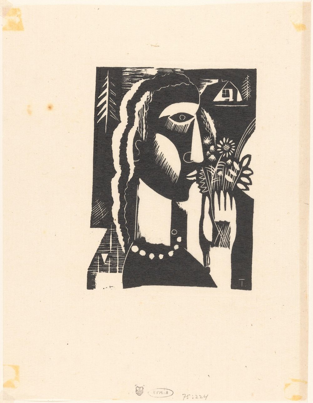 Vrouw met bloemen in haar hand (1915 - 1940) by Tinus van Doorn