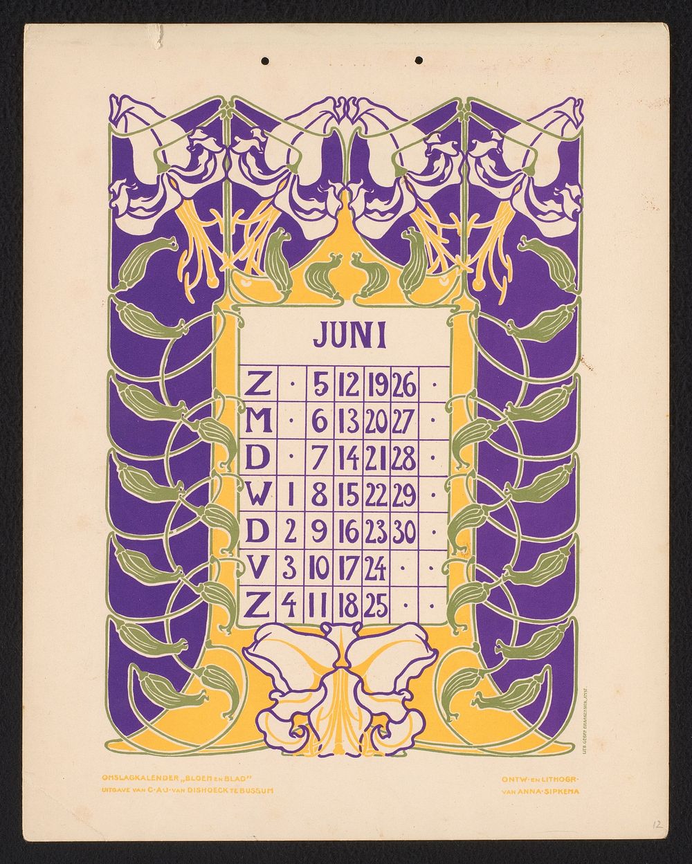 Kalenderblad voor juni 1904 (1903) by Anna Sipkema, Anna Sipkema, Gebroeders Braakensiek and C A J van Dishoeck