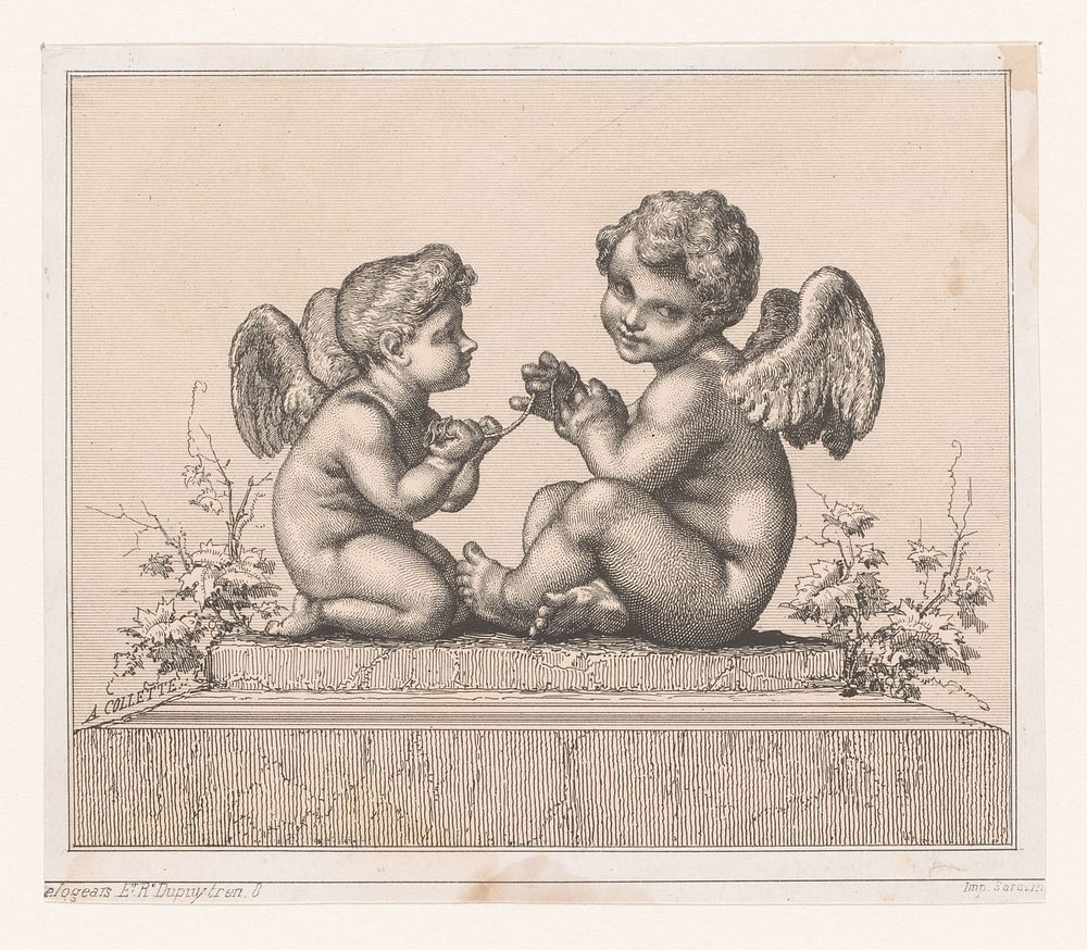Twee putti haspelen wol (1846 - 1876) by Alexandre Collette, Pierre Prud hon and Sarazin drukker