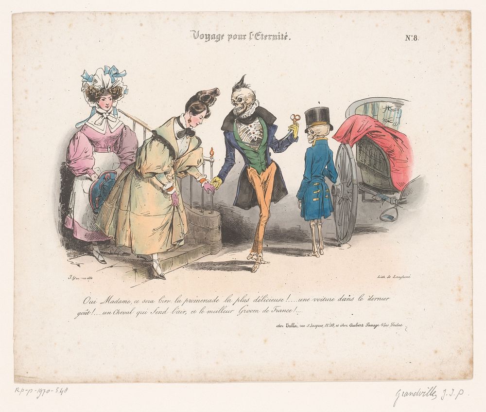 Jonge vrouw wordt naar een koets gebracht door de Dood (1830) by Jean Ignace Isidore Gérard Grandville, Pierre Langlumé…