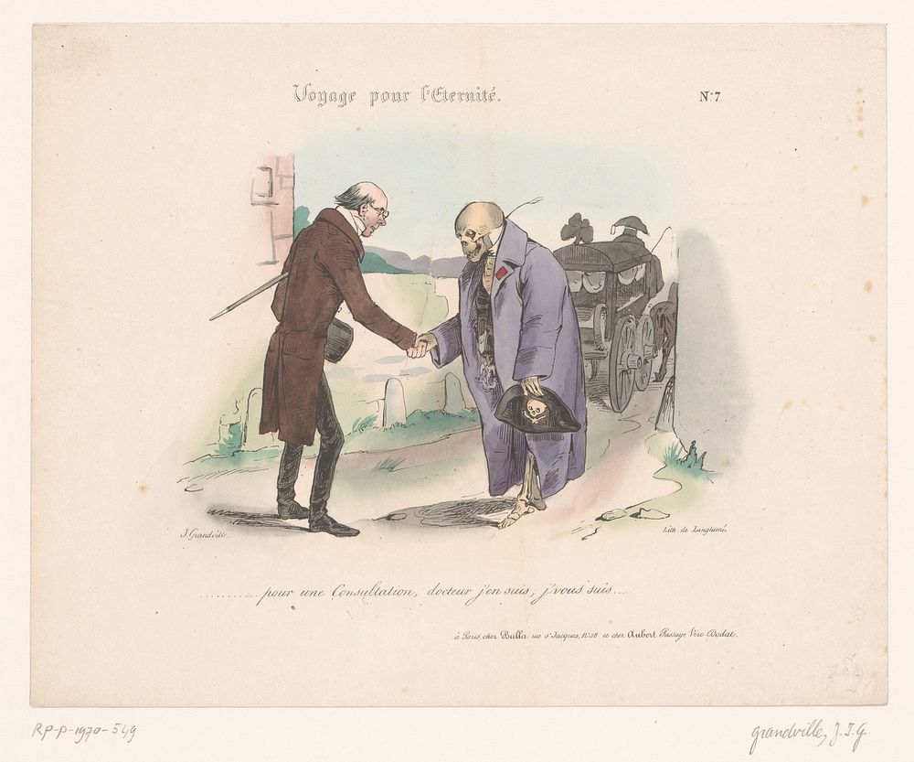 Dokter schudt handen met de Dood (1830) by Jean Ignace Isidore Gérard Grandville, Pierre Langlumé, François Bulla and Aubert…