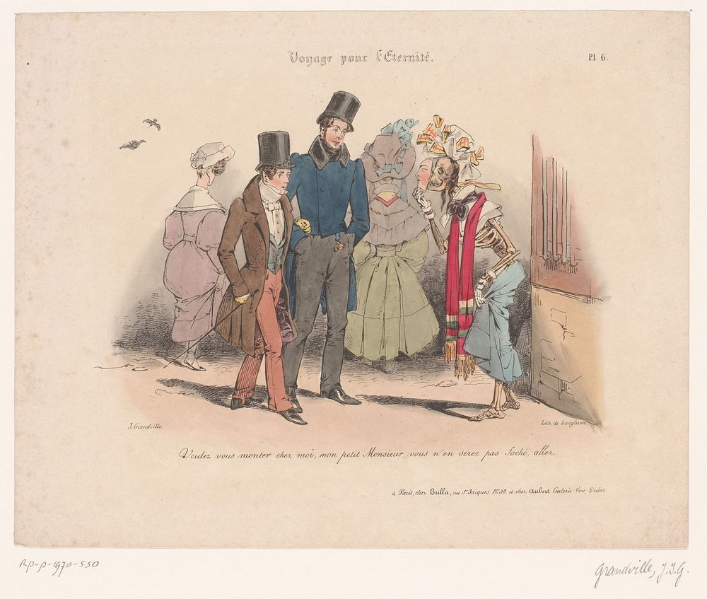 Twee jongemannen ontmoeten de gemaskerde Dood op straat (1830) by Jean Ignace Isidore Gérard Grandville, Pierre Langlumé…