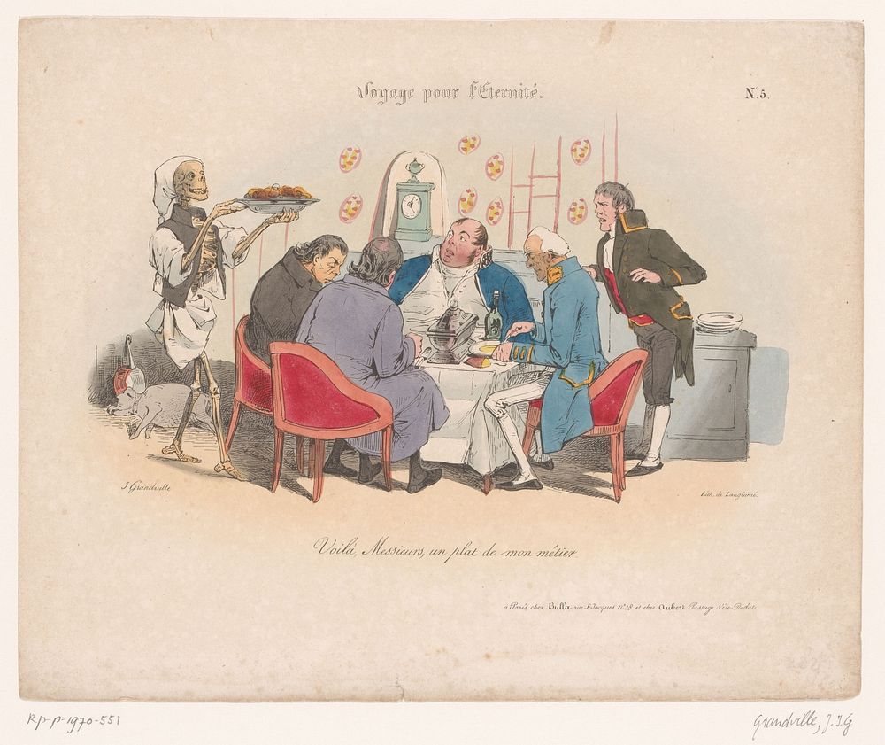 Groep mannen krijgt een maaltijd geserveerd door de Dood (1830) by Jean Ignace Isidore Gérard Grandville, Pierre Langlumé…