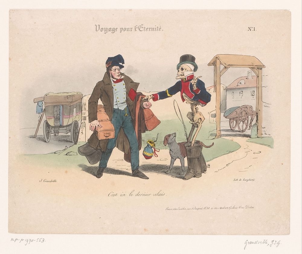Postiljon wordt staande gehouden door de Dood als koetsier (1830) by Jean Ignace Isidore Gérard Grandville, Pierre Langlumé…