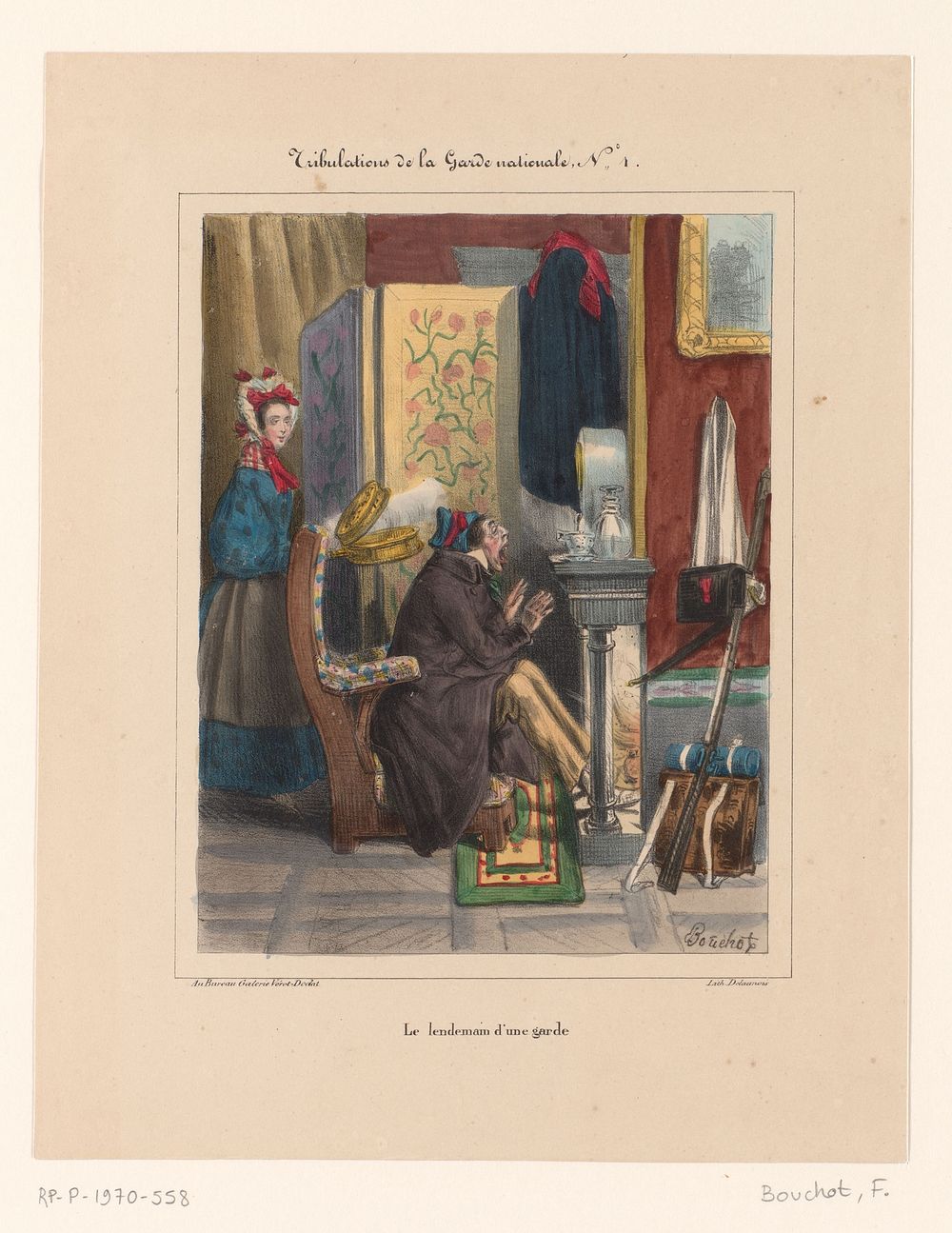Karikatuur van een lid van de Nationale Garde bij het haardvuur (1835 - 1837) by Frédéric Bouchot, Nicolas Louis Delaunois…