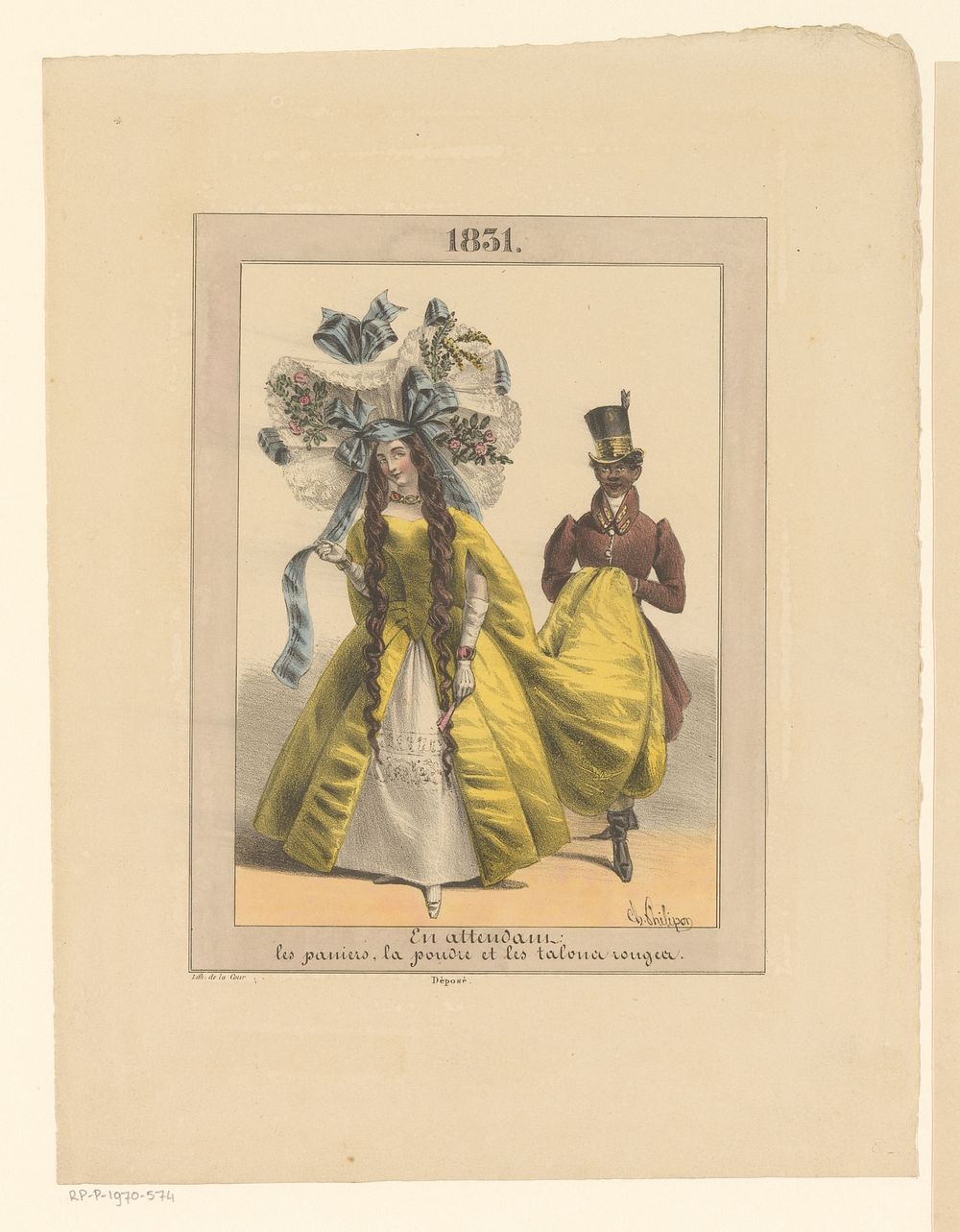 Vrouw met grote hoed op samen met bediende (1831) by Charles Philipon and Jules Delacour