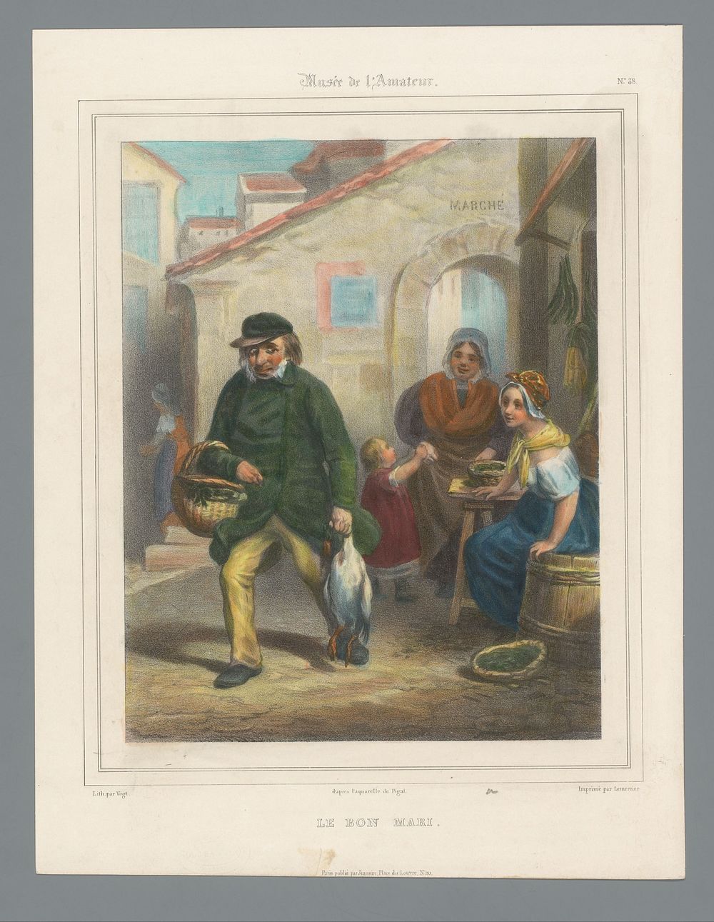 Man komt van de markt met volle boodschappenmand en gans (1837 - 1843) by Charles Vogt, Edme Jean Pigal, Joseph Rose…