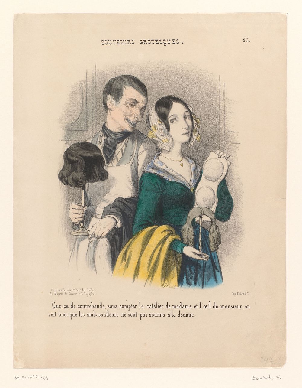 Karikatuur van een dame en heer met smokkelwaar (1840 - 1842) by Frédéric Bouchot, Aubert and Cie and Dupin and Cie