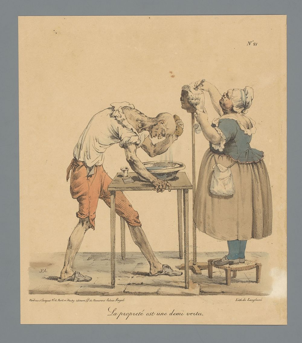 Man wast zijn kale schedel terwijl een vrouw zijn pruik borstelt (1818 - 1830) by Pierre Langlumé, Noël and Noël and Dauty