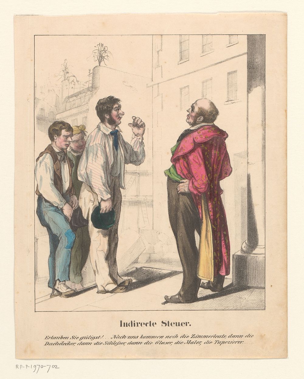 Werklieden in de rij bij een opdrachtgever (1860 - 1865) by anonymous