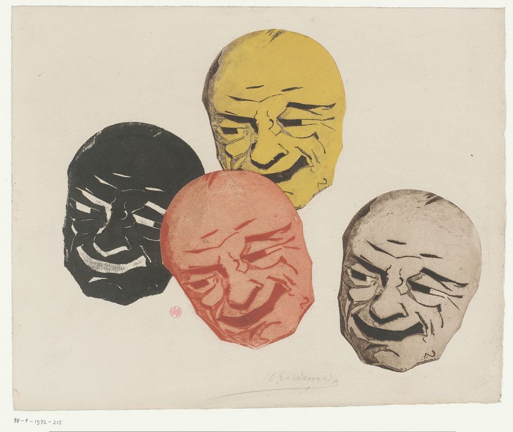 Vier Japanse maskers (1856 - 1897) by Henri Charles Guérard