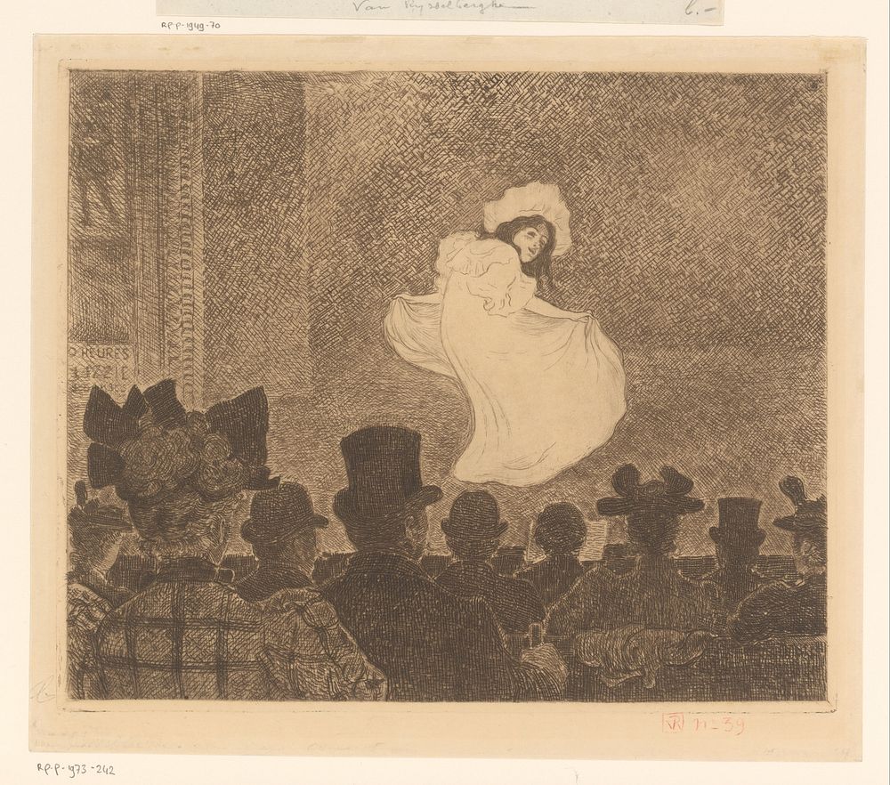 Jonge vrouw dansend op een podium voor toeschouwers (1896) by Theo Van Rysselberghe
