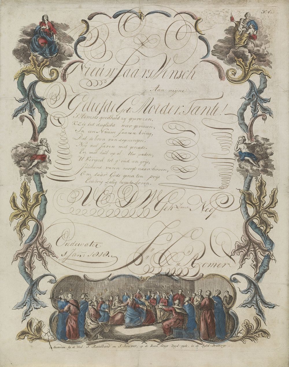 Wensbrief met Pinkstertafereel (1818) by weduwe Jeronimus Ratelband en Johannes Bouwer and anonymous