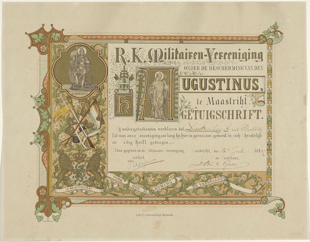 Getuigschrift voor de militair Andreas Dautzenberg, 1897 (1880 - 1897) by F A Wartenbergh