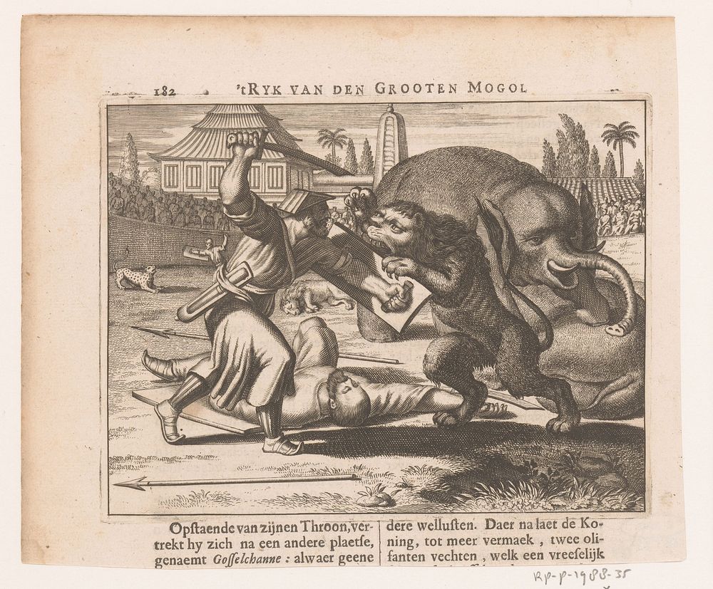 Gladiatorgevecht met leeuw en olifant (1672) by anonymous, Jacob van Meurs and Staten van Holland en West Friesland