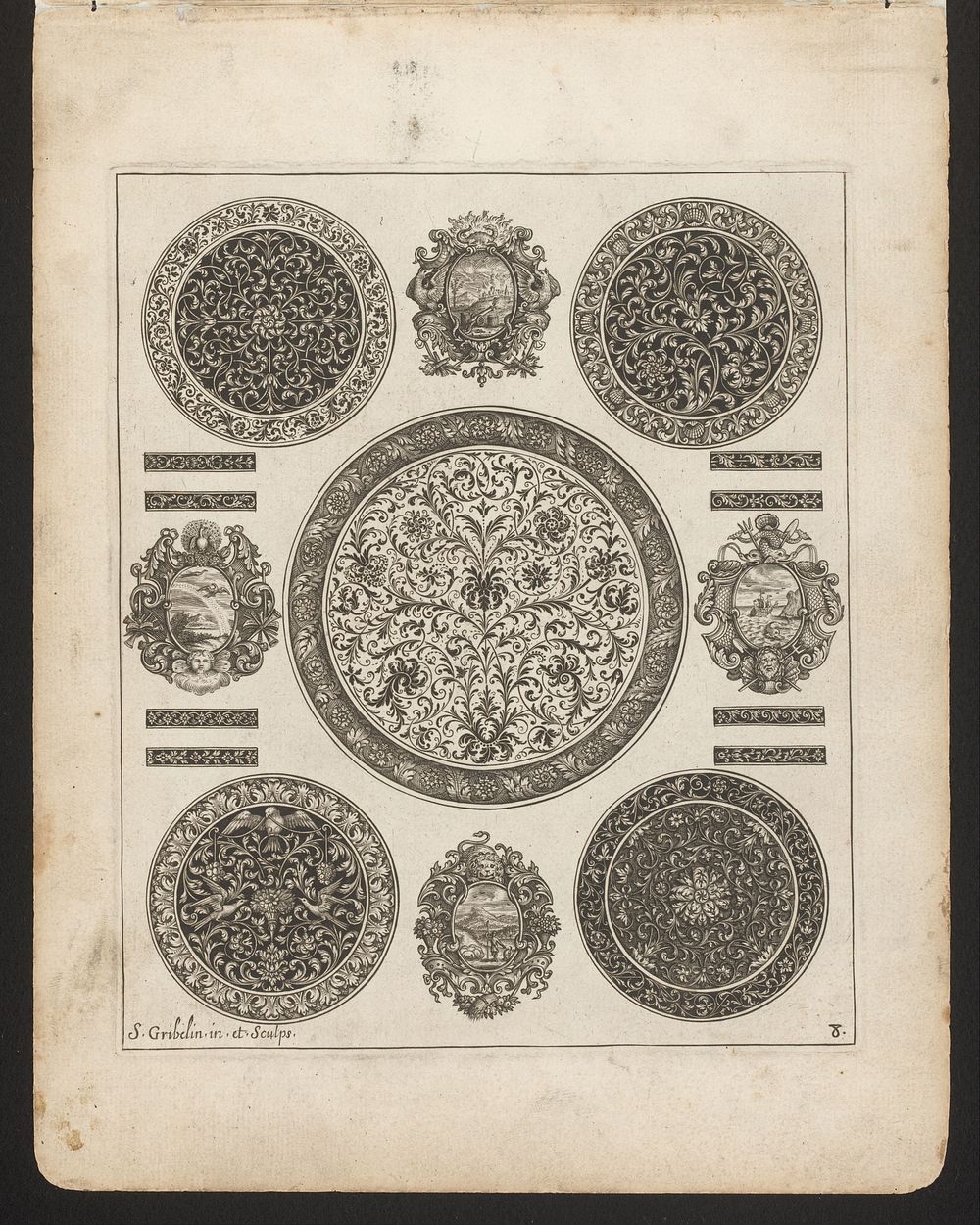Vijf cirkelvormige ornamenten en de vier elementen in wapenschilden (1704) by Simon Gribelin and Simon Gribelin