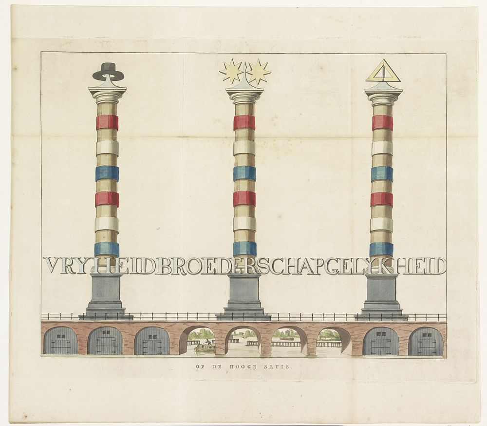 Vrijheid, Broederschap en Gelijkheid, decoratie op de Hogesluis, 1795 (1795) by anonymous, Jean Guillaume Le Normant and…