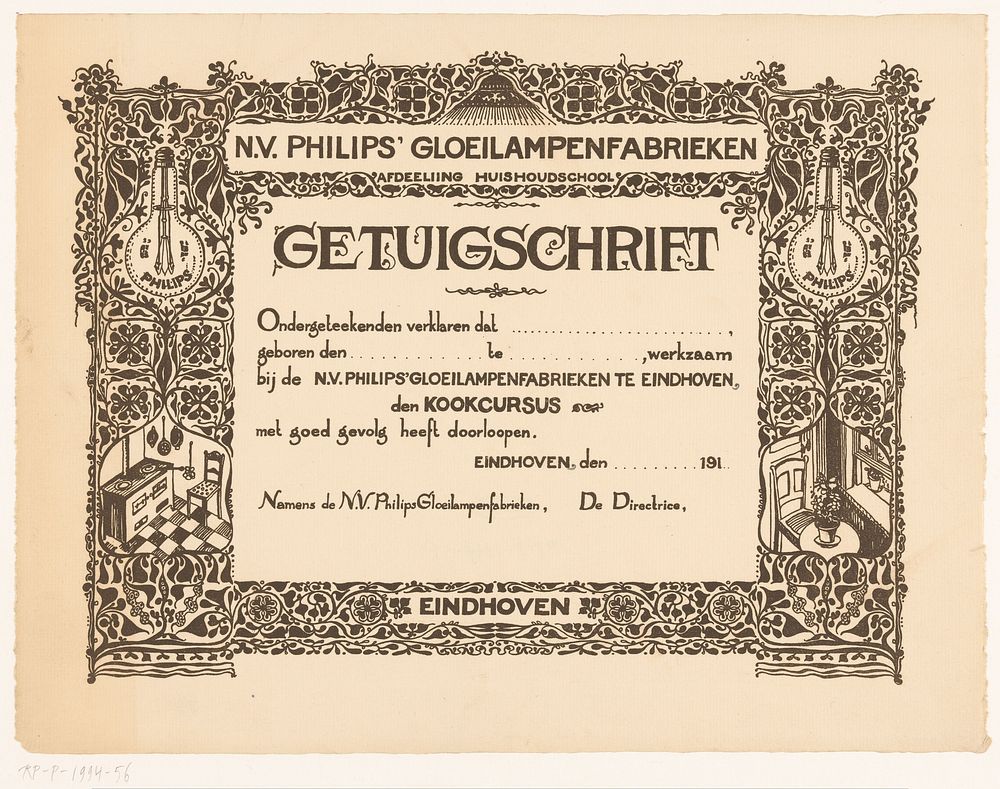 Getuigschrift van de kookcursus bij de Philips Huishoudschool (1916) by Theo Nieuwenhuis