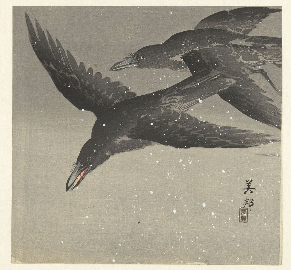 Kraaien in de sneeuw (1900 - 1940) by Takahashi Biho and Ohara Koson