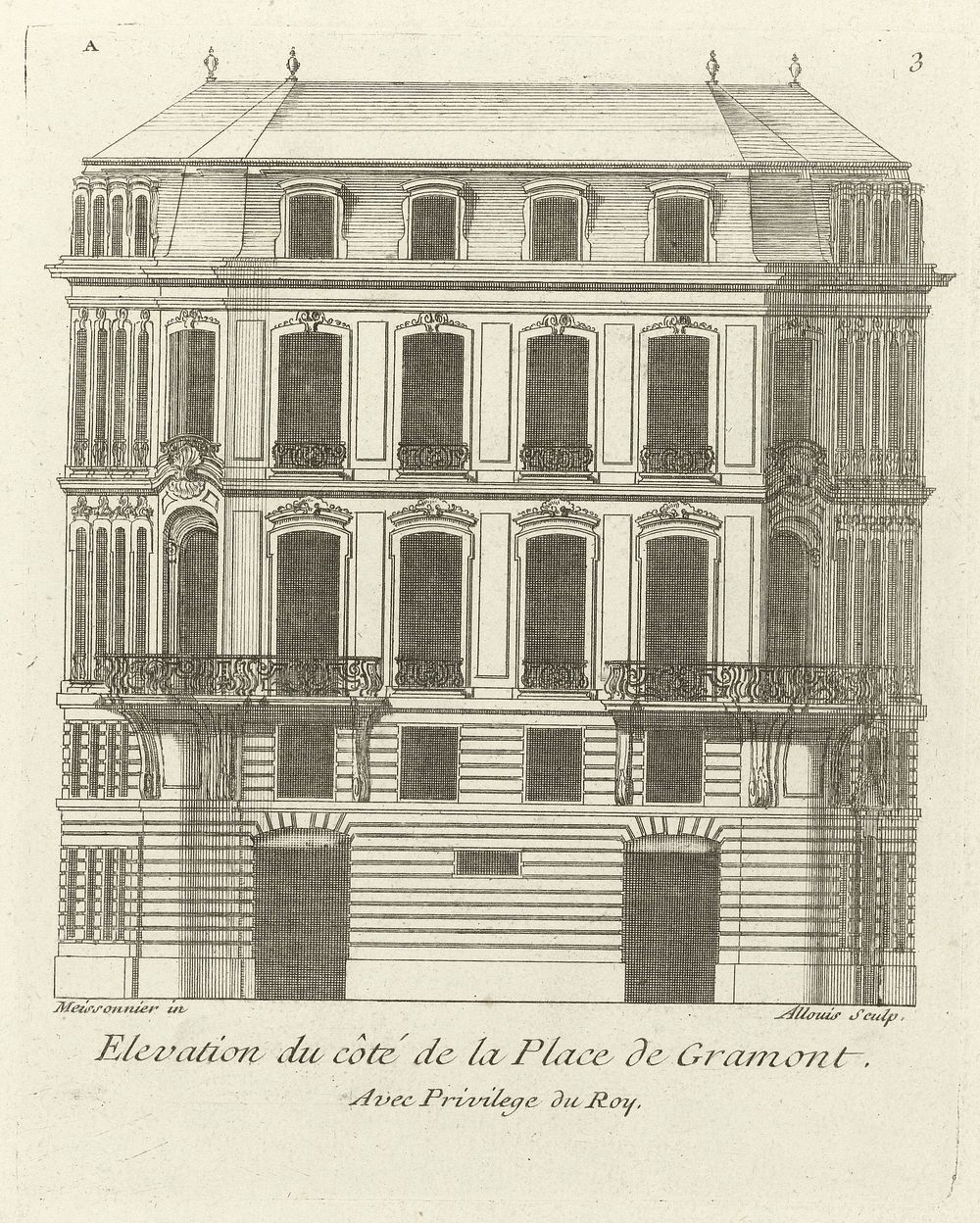 Gezicht op de oostgevel van het huis van Léon Berthous in Bayonne (1738 - 1749) by Allouis, Juste Aurèle Meissonnier…