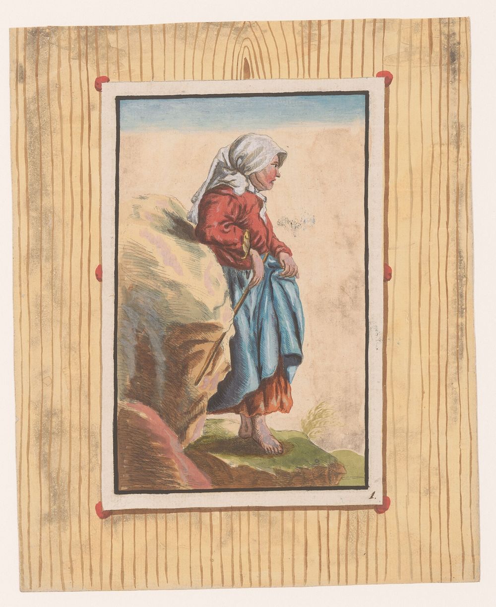 Staande vrouw met blote voeten en stok (c. 1740 - c. 1760) by anonymous