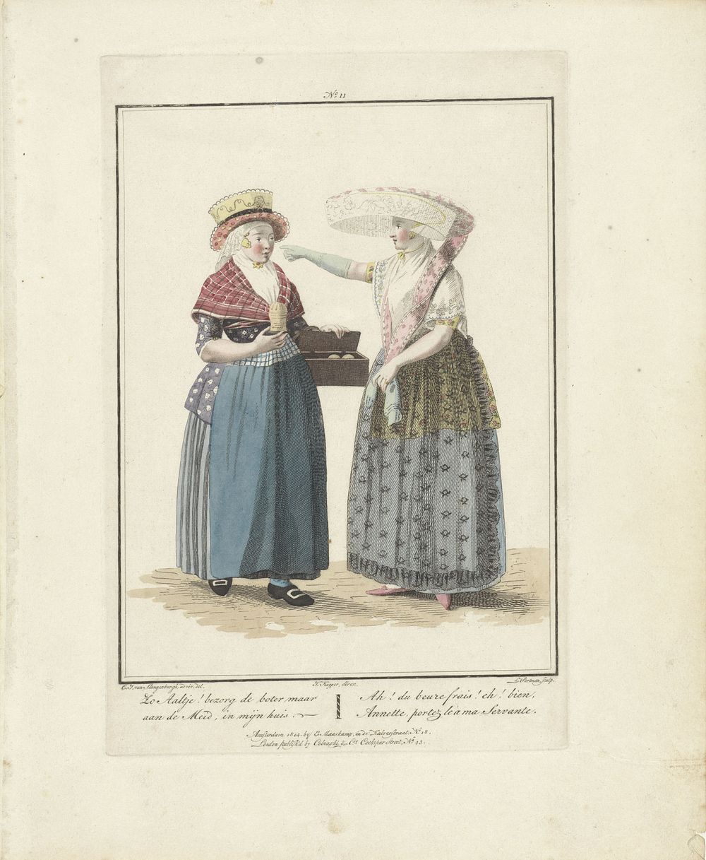 Boterverkoopster en klant in klederdracht (1803 - 1807) by Ludwig Gottlieb Portman, Jacques Kuyper, Carel Jacob van Baar van…