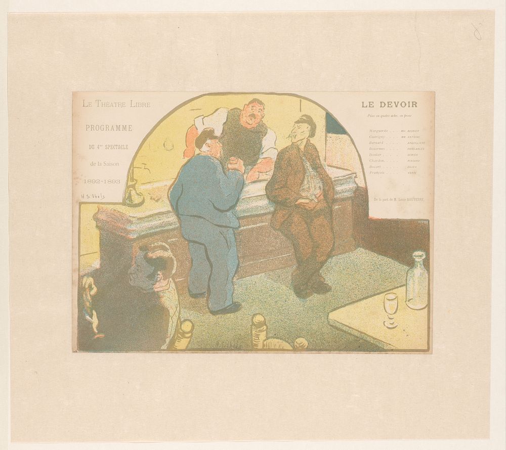 Vier mannen in een bistro (c. 1892 - c. 1893) by Henri Gabriel Ibels and Eugène Verneau