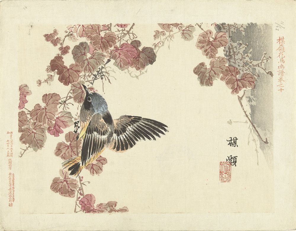 Bird and red vine (1893) by Kôno Bairei, Aoki Kôsaburô and Aoki Kôsaburô