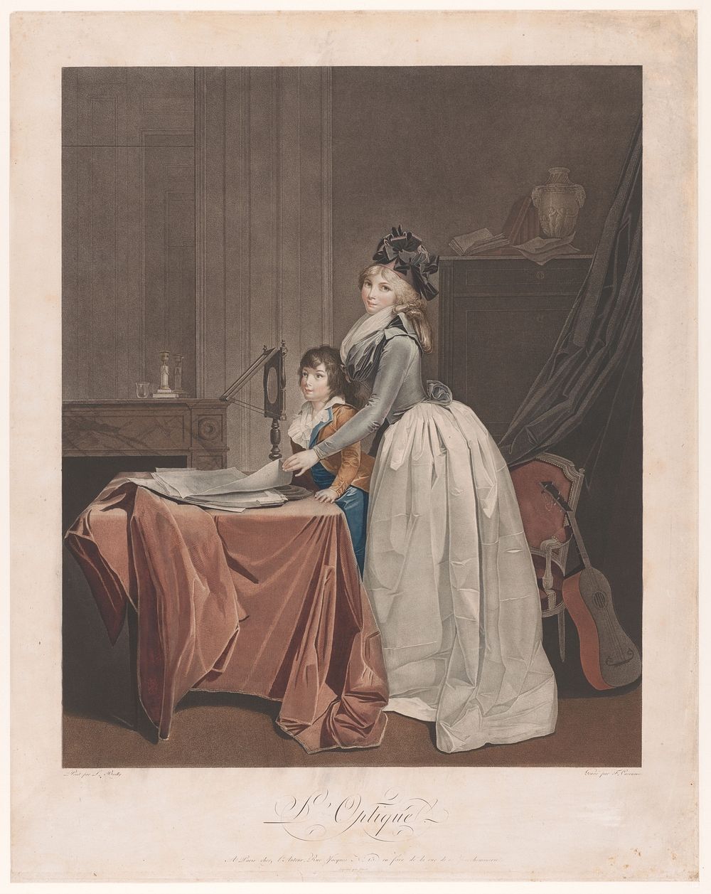 Portret van Louise Sébastienne Danton met stiefzoon achter een opticaspiegel (c. 1794) by J F Cazenave, Louis Léopold…