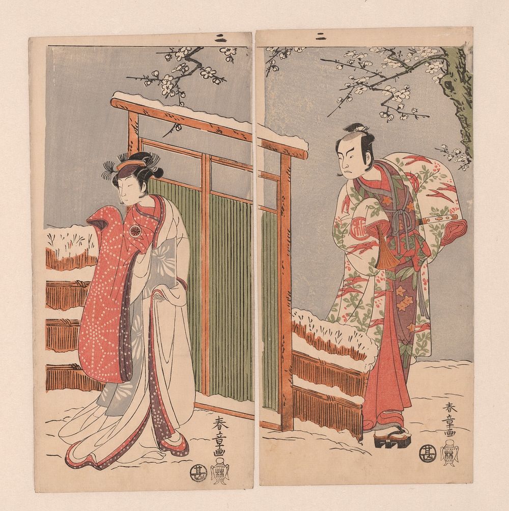 Minamoto no Yoritomo en Yuki Onna in de sneeuw. (1770) by Katsukawa Shunsho