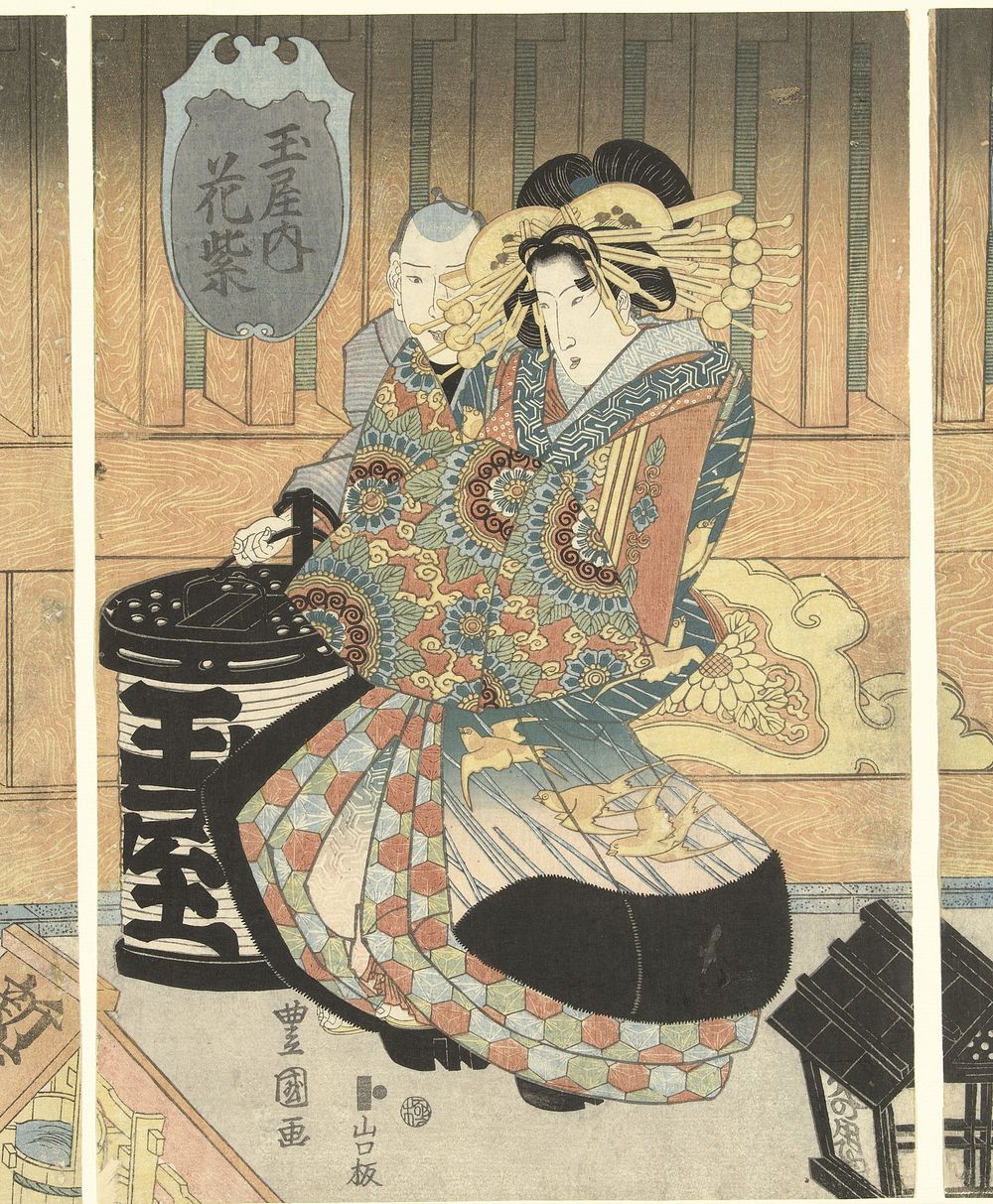 Drie courtisanes uit het Tamaya huis (c. 1828) by Toyokuni II  Utagawa and Yamaguchiya Tobei