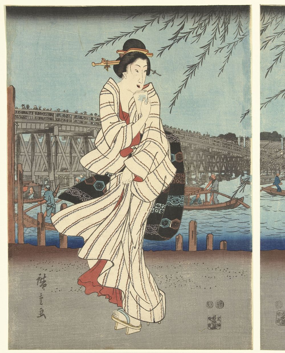 Beroemde plekken in de Oostelijke hoofdstad: Genietend van een avondbriesje bij de Ryogoku brug (c. 1847 - c. 1848) by…