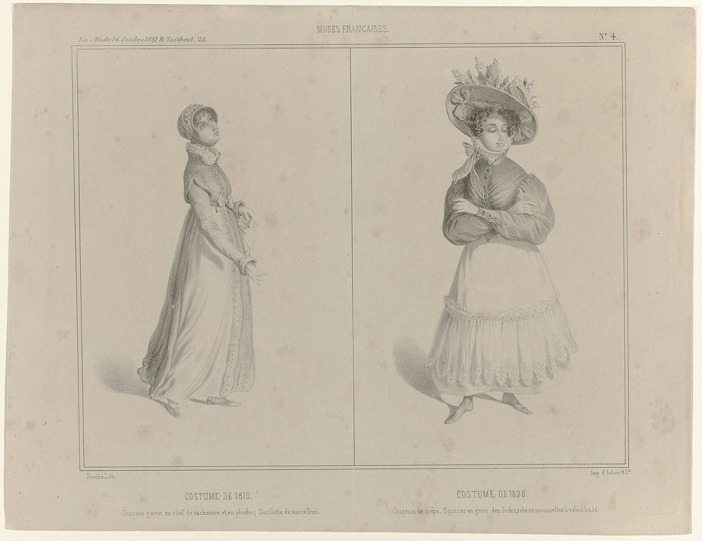 La Mode, 16 octobre 1841, No. 4: Modes Francaises: Costume de 1810 / Costume de 1828 (1841) by Clément Pruche and Aubert and…