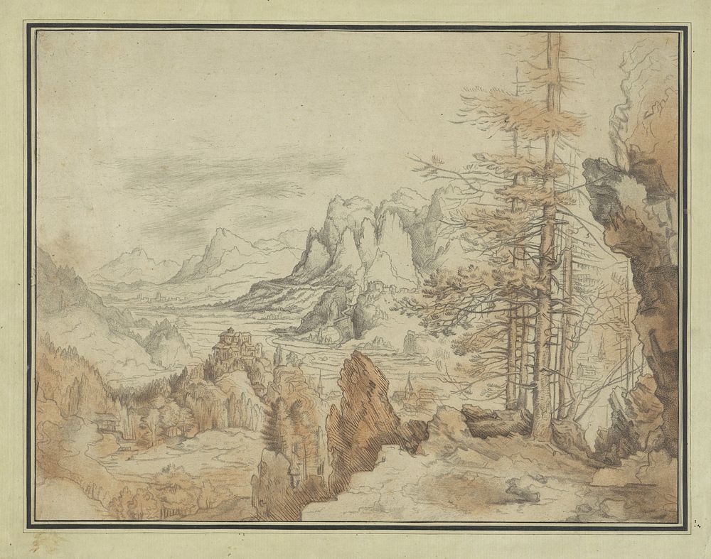 Berglandschap met bomen en gezicht in een dal (1780 - 1800) by anonymous and Roelant Savery
