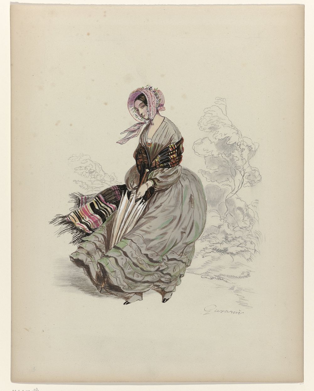 Vrouw, lopend in de wind, met parasol, 1840 (in or before 1840) by Paul Gavarni and anonymous