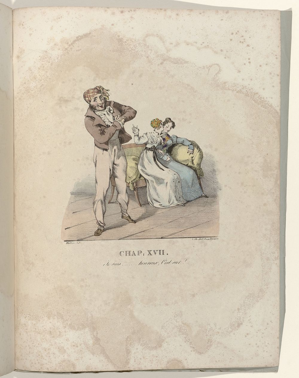La Né d'une Modiste, 1828 : Chap. XVII: Je suis (...)heureux, C'est sur ! (c. 1828) by Gottfried Engelmann and Wattier