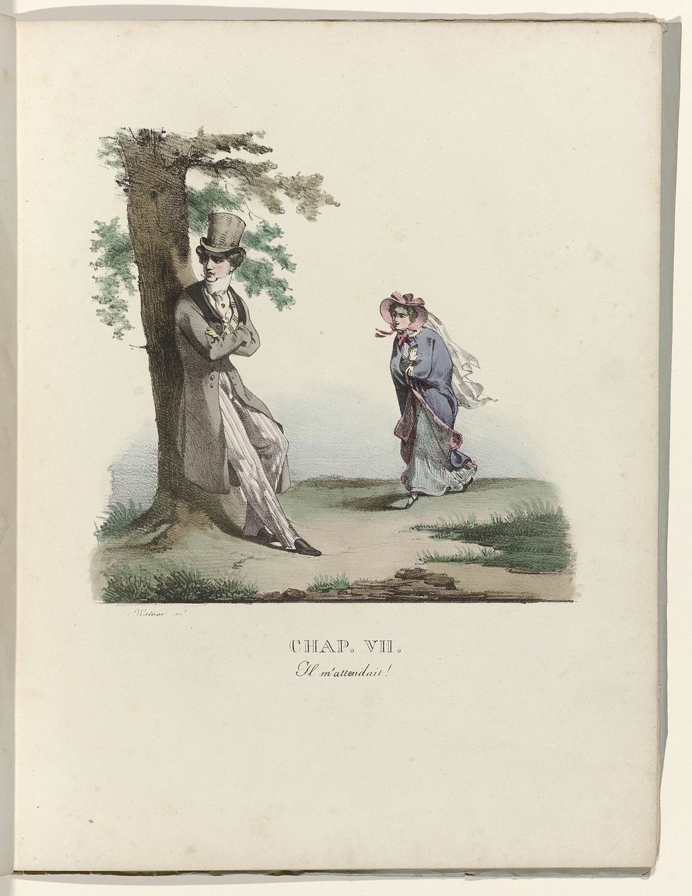 La Né d'une Modiste, 1828 : Chap. VII: Il m'attendait ! (c. 1828) by Gottfried Engelmann and Wattier