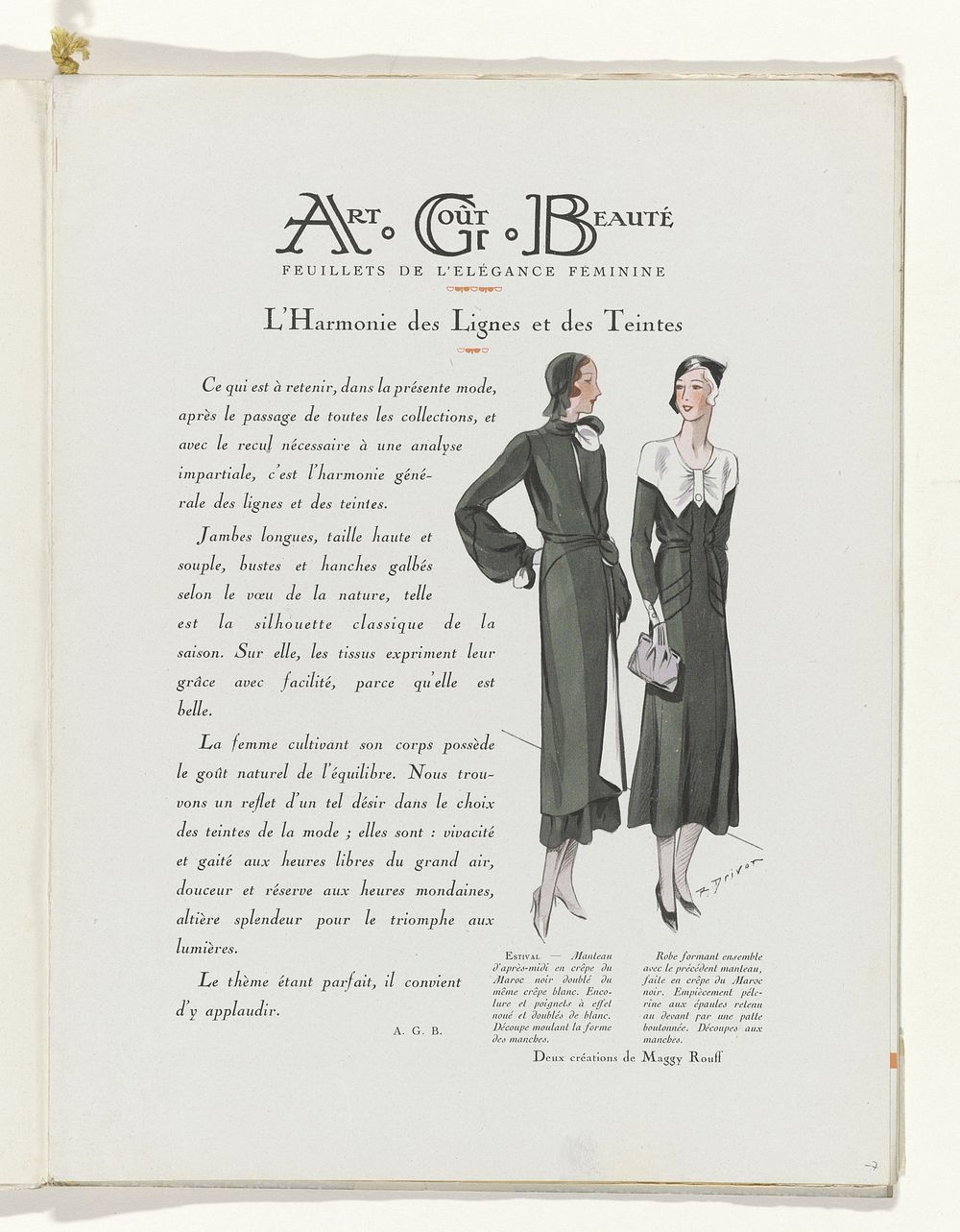 Art - Goût - Beauté, Feuillets de l' élégance féminine, Mai 1931, No. 129, 11e Année, p. 7 (1931) by R Drivon, anonymous…