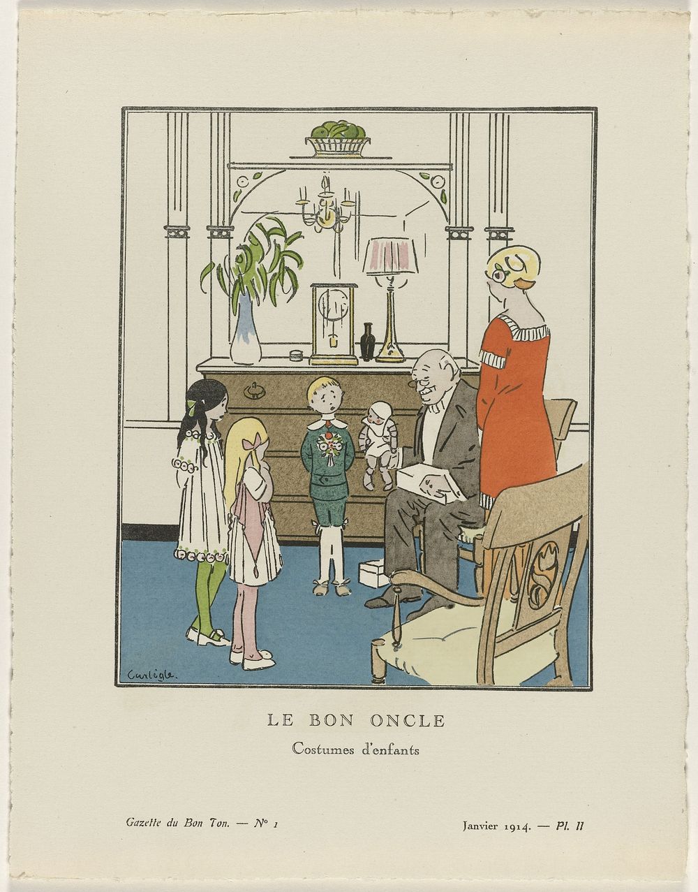 Gazette du Bon Ton, 1914 - No. 1, Pl. II: Le Bon Oncle / Costumes d'enfants (1914) by Charles Emile Carlègle, anonymous…